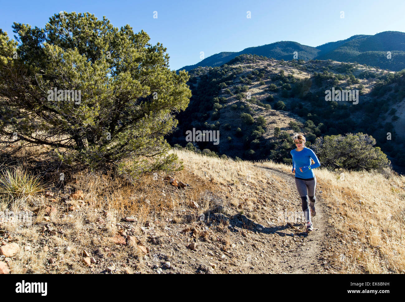 Beautiful young long haired woman running on mountain trails near Salida, Colorado, USA Stock Photo