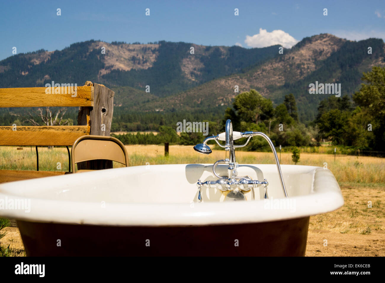 An outdoor bathtub on a farm in the Applegate Valley in Southern Oregon