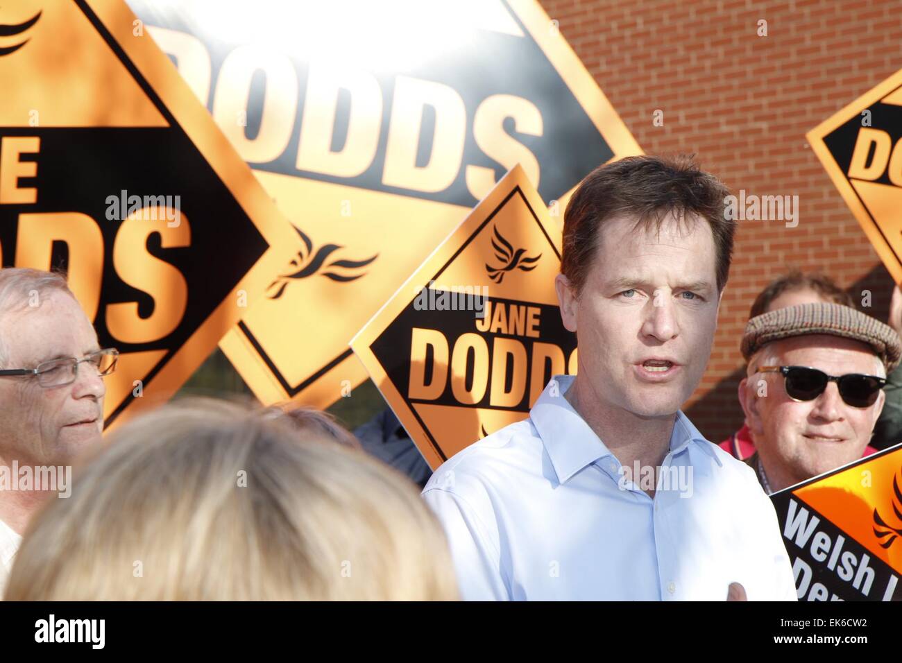 Newtown, UK. 7th April, 2015. Deputy Prime Minister & Leader of the Lib Dems, Nick Clegg, during his visit to Newtown in the Montgomeryshire Constituency as a part of his campaign for votes in the forthcoming General Election, UK. Credit:  Jon Freeman/Alamy Live News Stock Photo