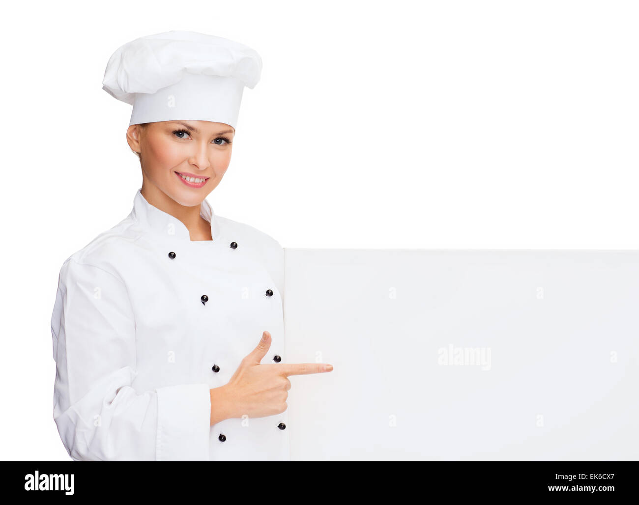 smiling female chef with white blank board Stock Photo - Alamy