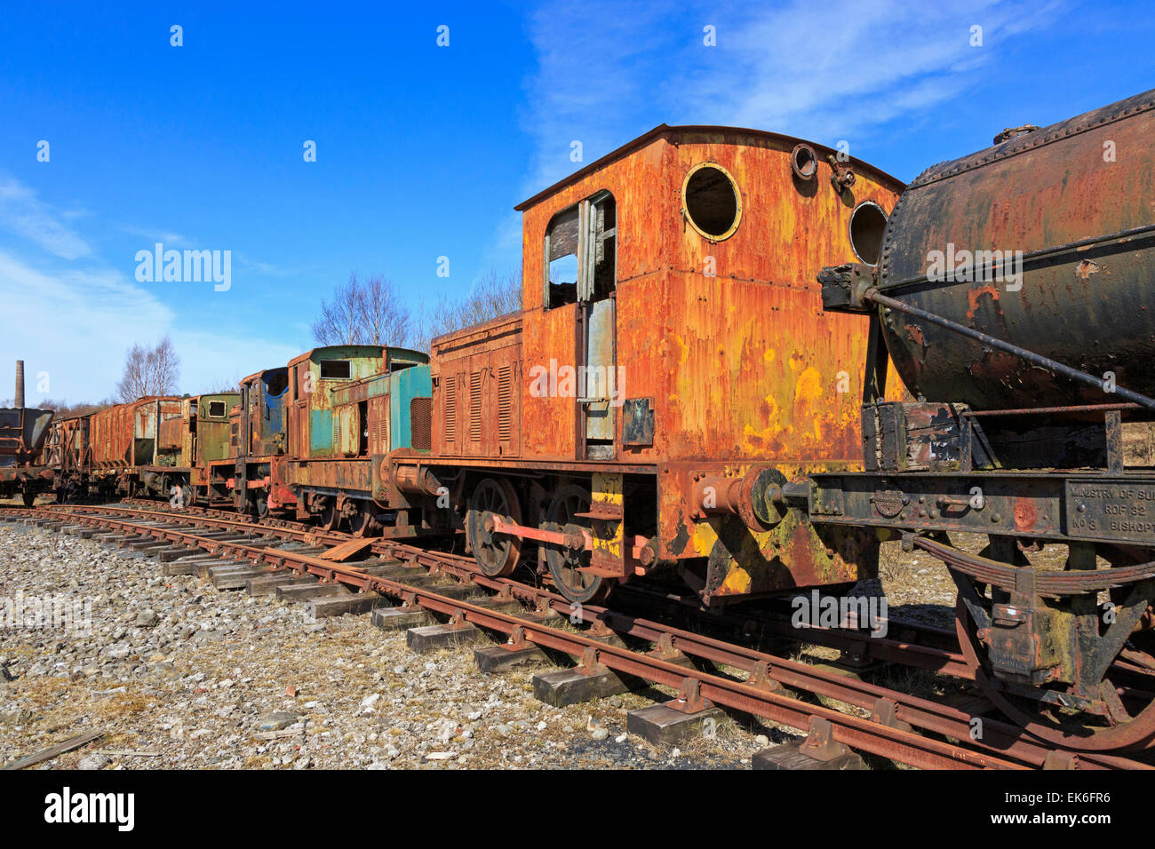 Disused old steam trains, lying rusting in a railway siding, Ayrshire, Scotland Stock Photo