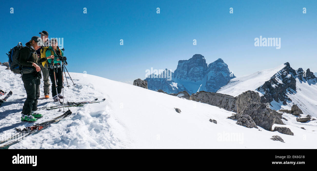 Backcountry skiers, Mondeval, Dolomite Mountains, Alps, Italy Stock Photo