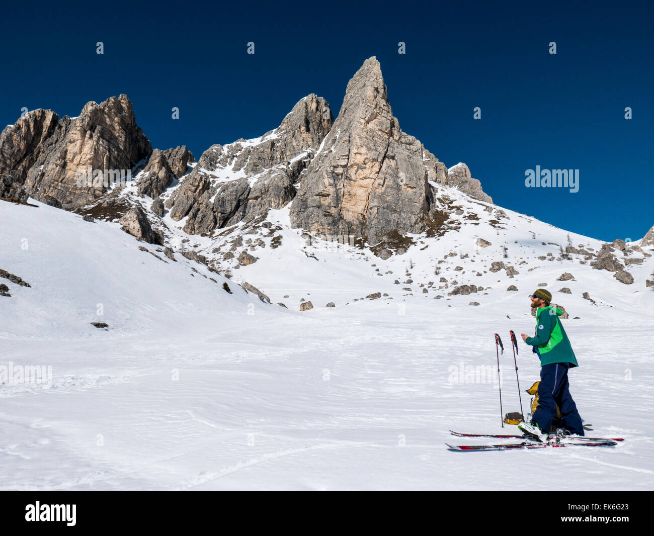 Backcountry skiers, Mondeval, Dolomite Mountains, Alps, Italy Stock Photo