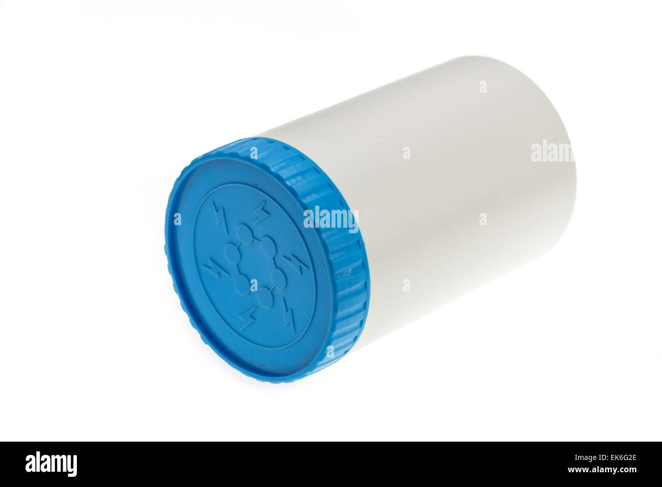 White plastic medicine bottle with blue cap isolated on white background Stock Photo