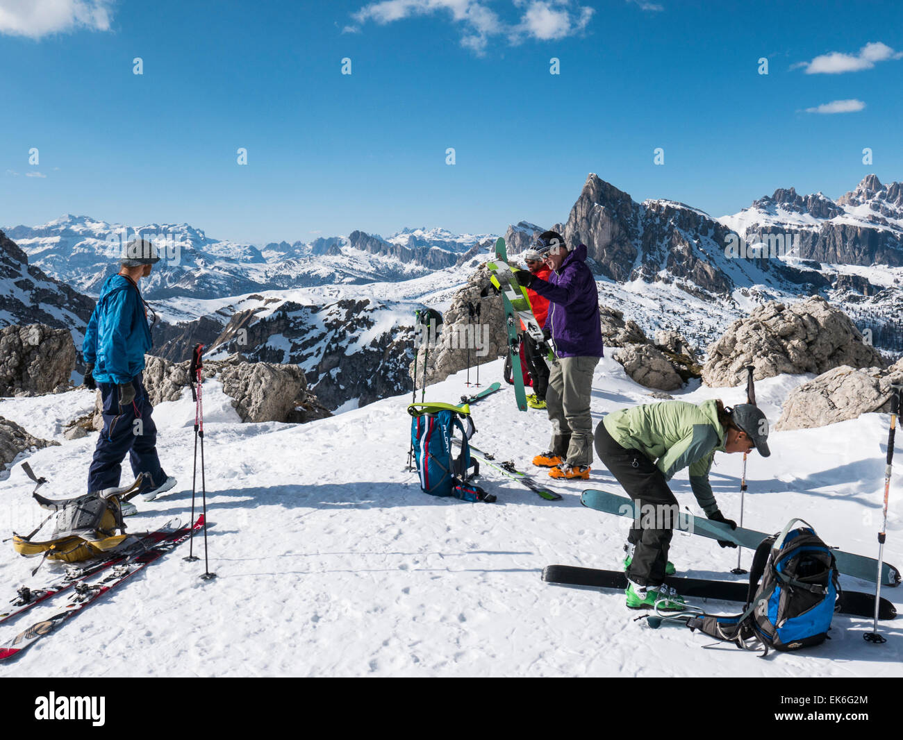 Backcountry skiers, Mondeval, Dolomite Mountains, Alps, Italy Stock Photo