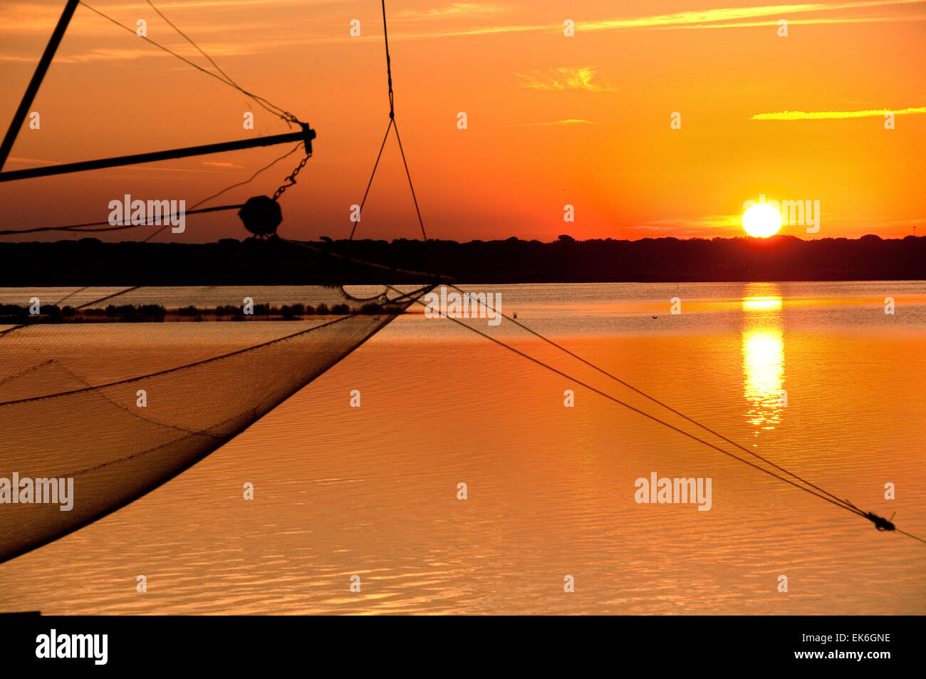 Net of a fishing hut in a lagoon, Pialassa Baiona, Marina Romea di Ravenna, Italy Stock Photo