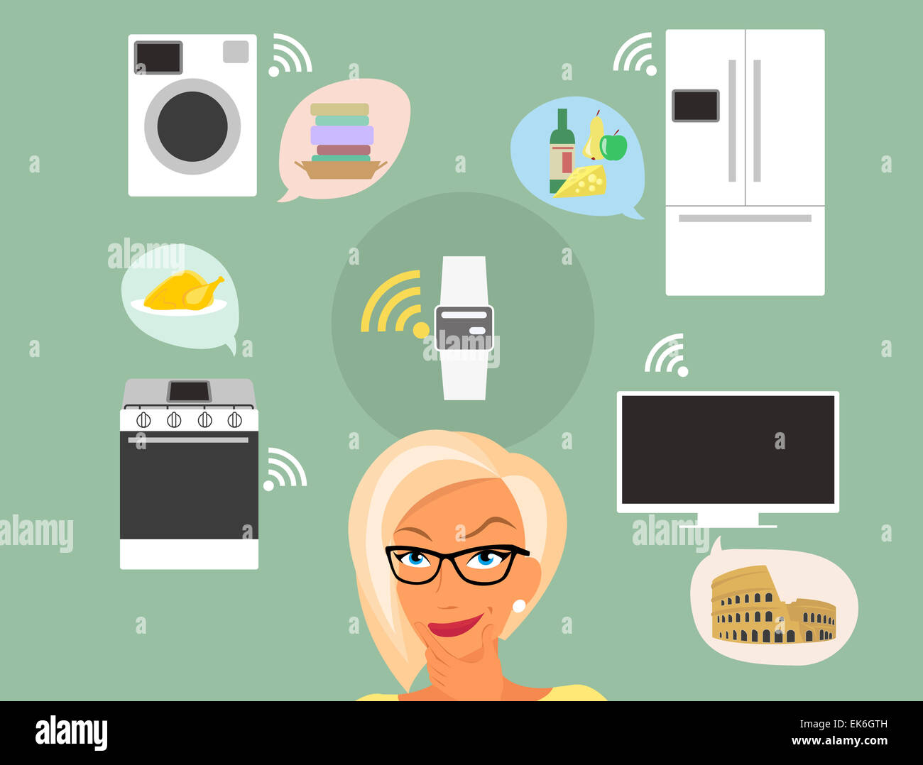 Blond woman thinking about smart gadgets at home and applications around her Stock Photo