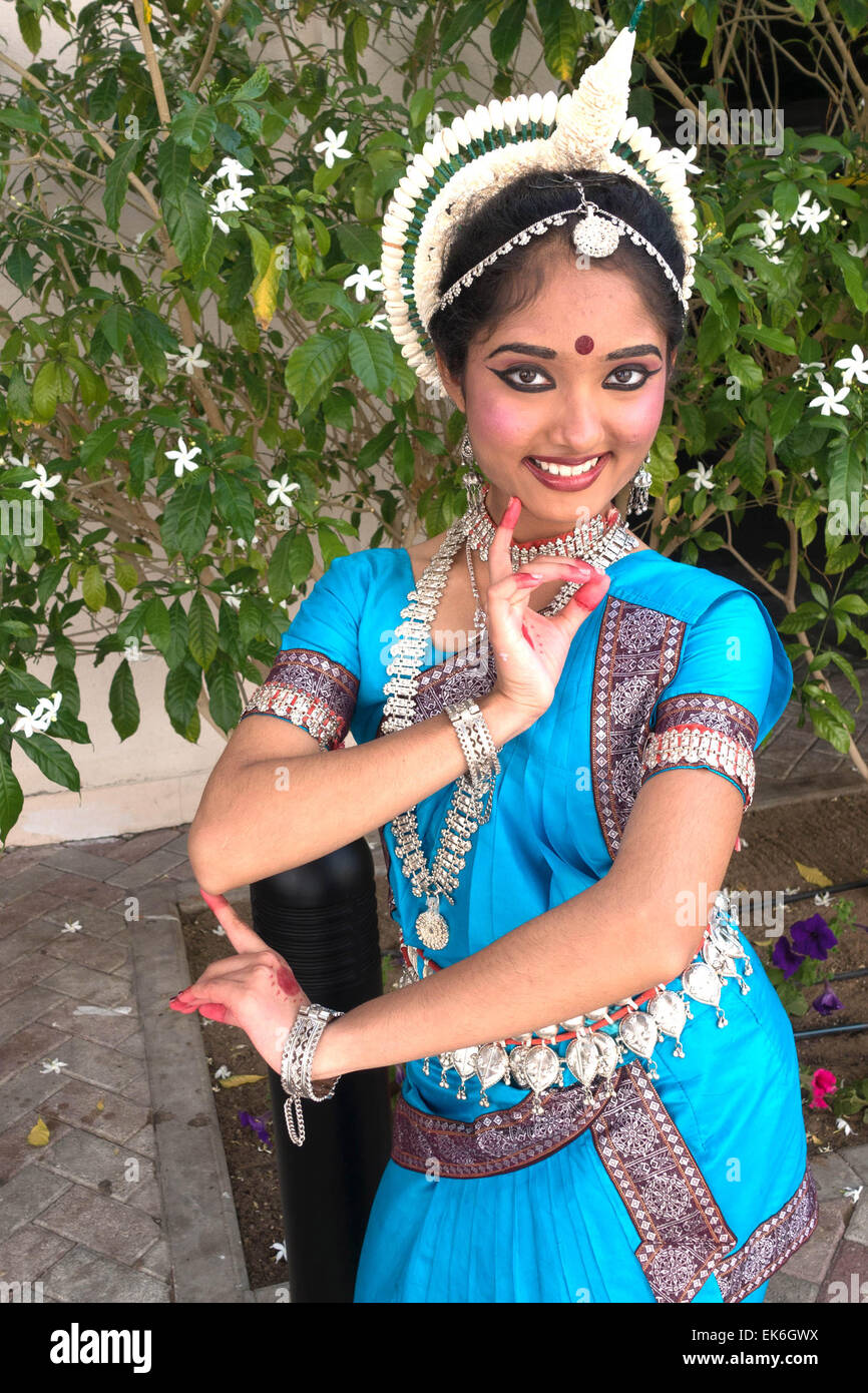 A young Indian dancer photographed at the Royal Opera House, Muscat, Oman, after an exhibition of Indian dancing Stock Photo