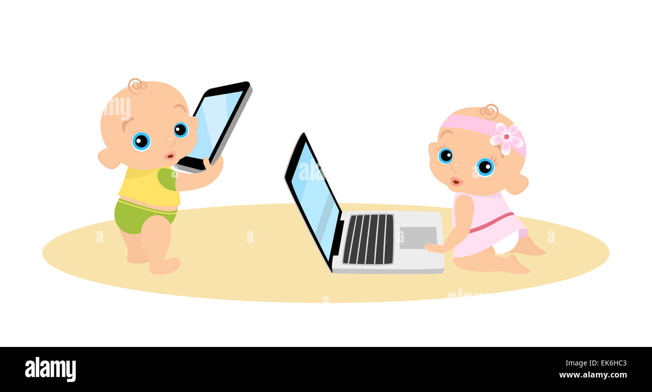 Little girl and boy are playing with laptop and tablet pc Stock Photo