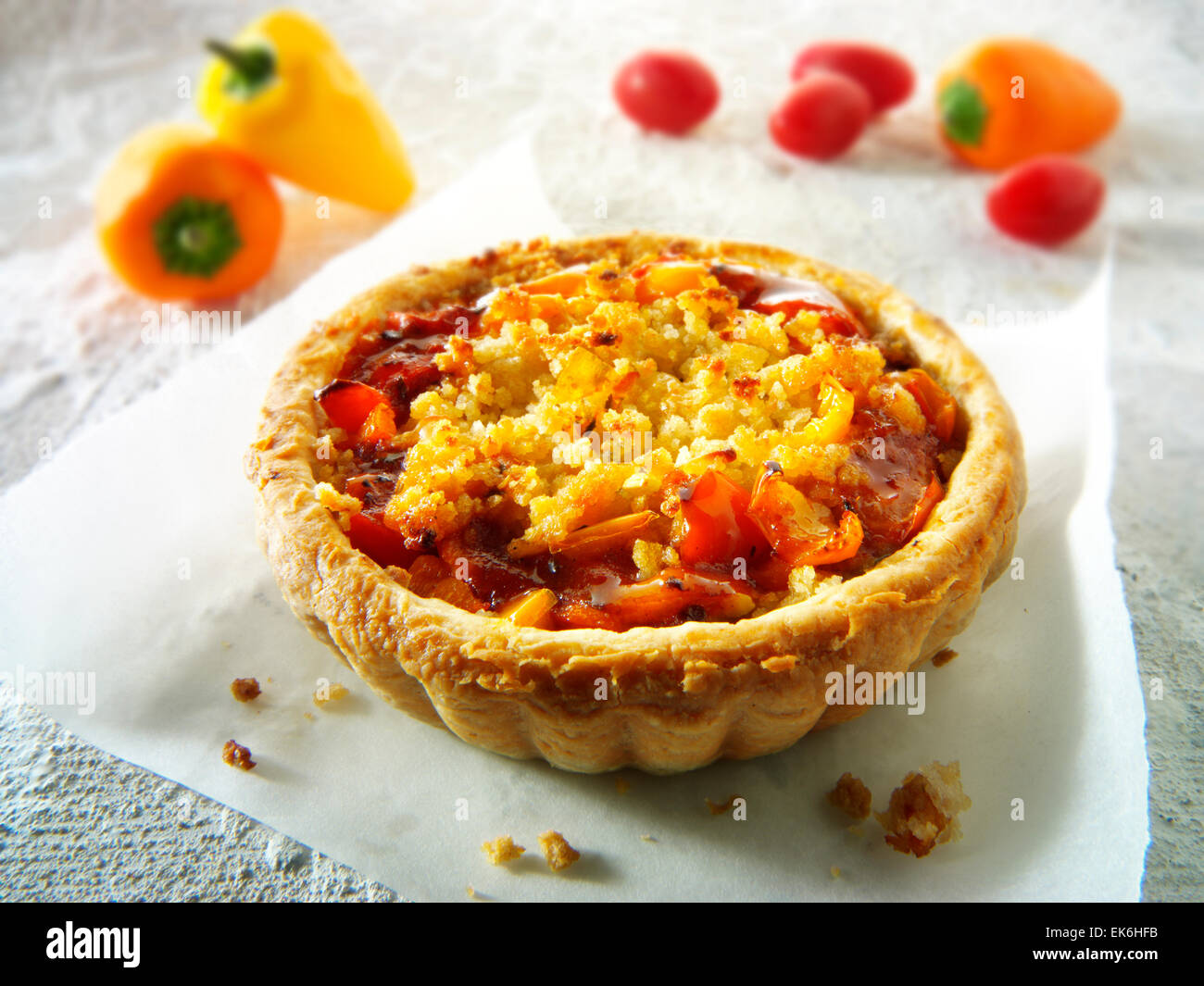Cooked tomato & pepper pastry tartine cut and plated Stock Photo