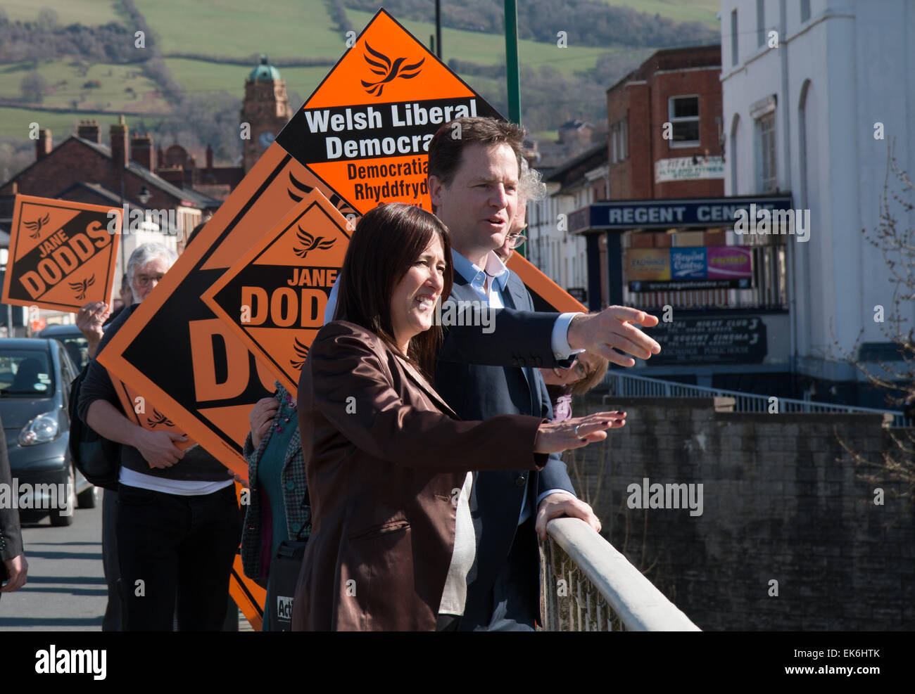Newtown, UK. 7th April, 2015. Deputy Prime Minister & Leader of the Lib Dems, Nick Clegg, visits Newtown in the Montgomeryshire Constituency as a part of his campaign for votes in the forthcoming General Election, UK. © Jon Freeman/Alamy Live News Stock Photo