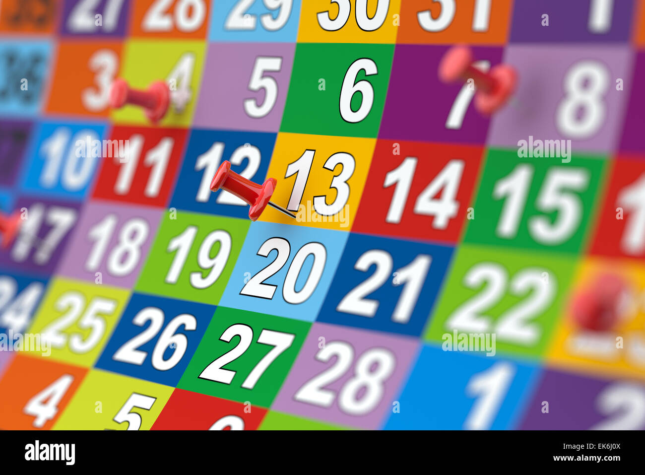 3d rendering of colorful month calendar with red pins. Illustration