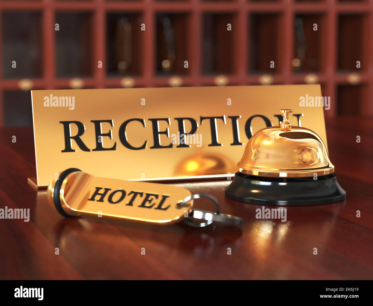 Close up of room access key and bell on wooden reception desk. Soft focus illustration Stock Photo