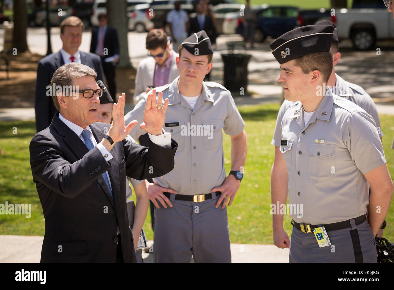 Former Texas Governor and potential Republican presidential candidate Rick Perry tours the campus and monuments of the Citadel military college April 6, 2015 in Charleston, South Carolina. Stock Photo