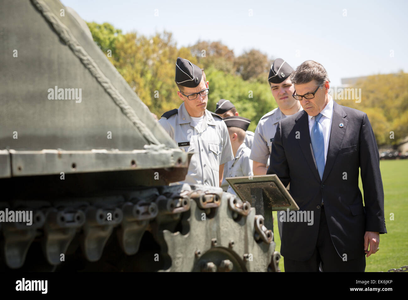 Former Texas Governor and potential Republican presidential candidate Rick Perry tours the campus and monuments of the Citadel military college April 6, 2015 in Charleston, South Carolina. Stock Photo