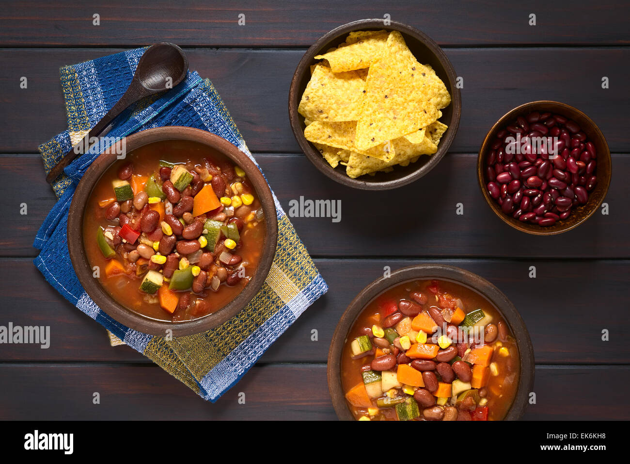 Overhead shot of vegetarian chili dish made with kidney bean, carrot