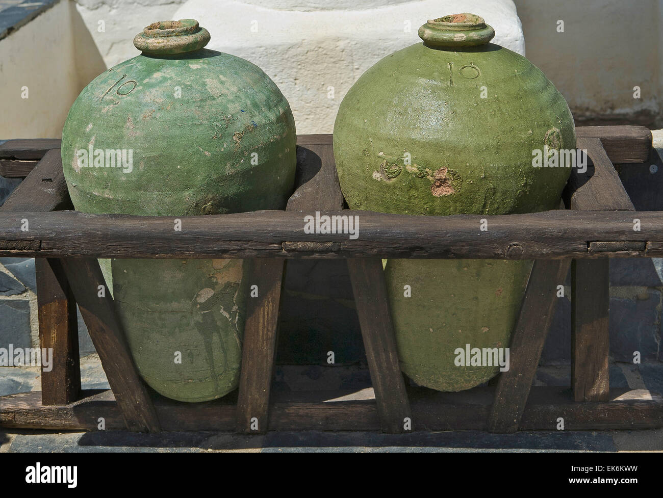 Old wooden base for transportation of jars, Huelva, Spain Stock Photo