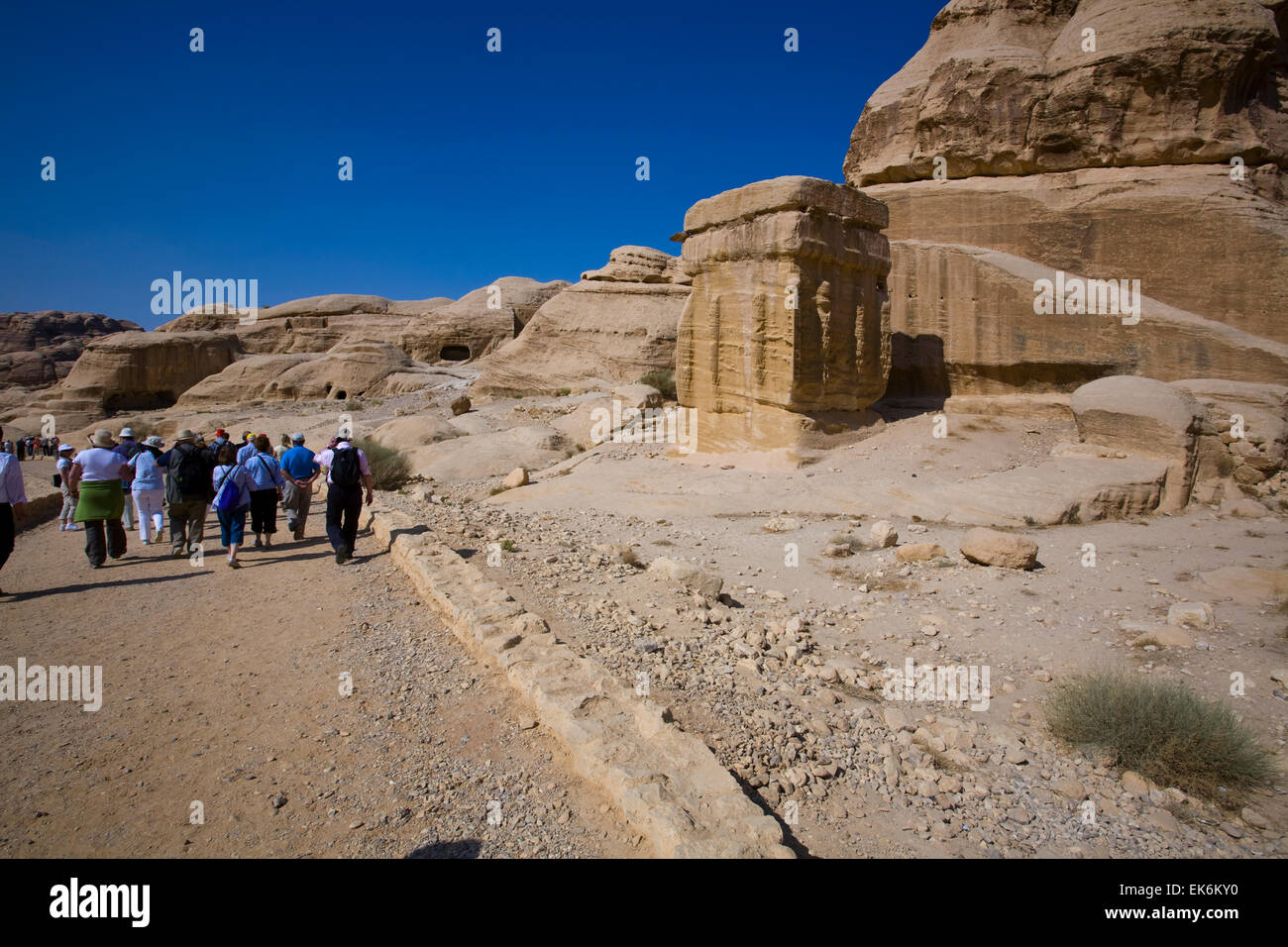 The so-called Djinn Blocks, a series of carved sandstone blocks stand near the main entrance to Petra, Jordan, Middle East Stock Photo