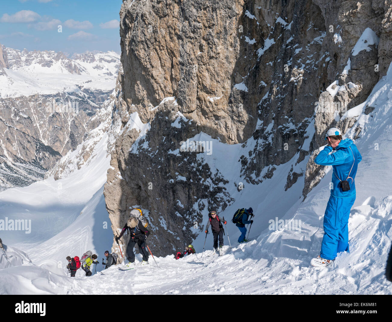 Backcountry skiers, northeast of Cortina, Dolomite Mountains, Alps, Italy Stock Photo