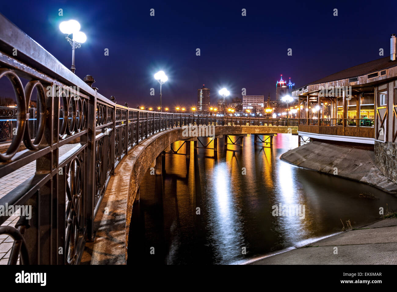 Night city reflection on the river in Donetsk. Ukraine Stock Photo