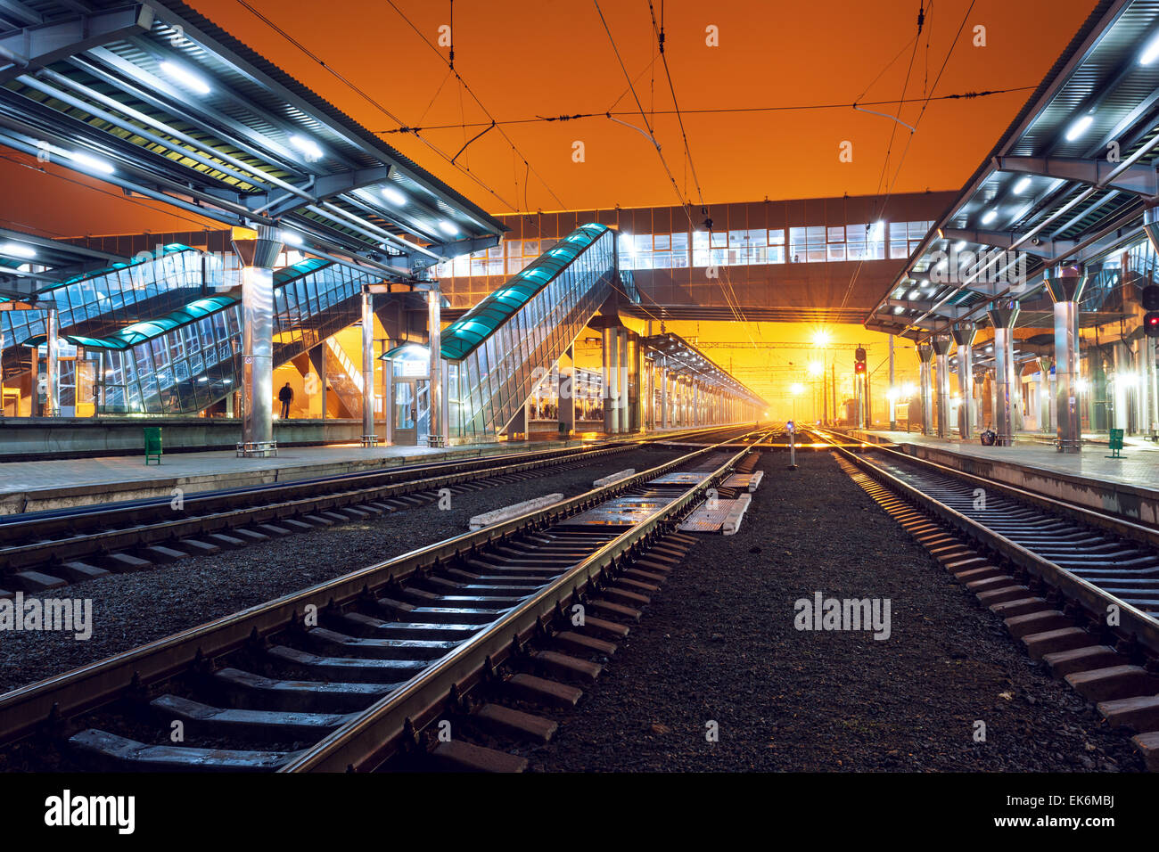 Railway station at night in Donetsk. Ukraine Stock Photo