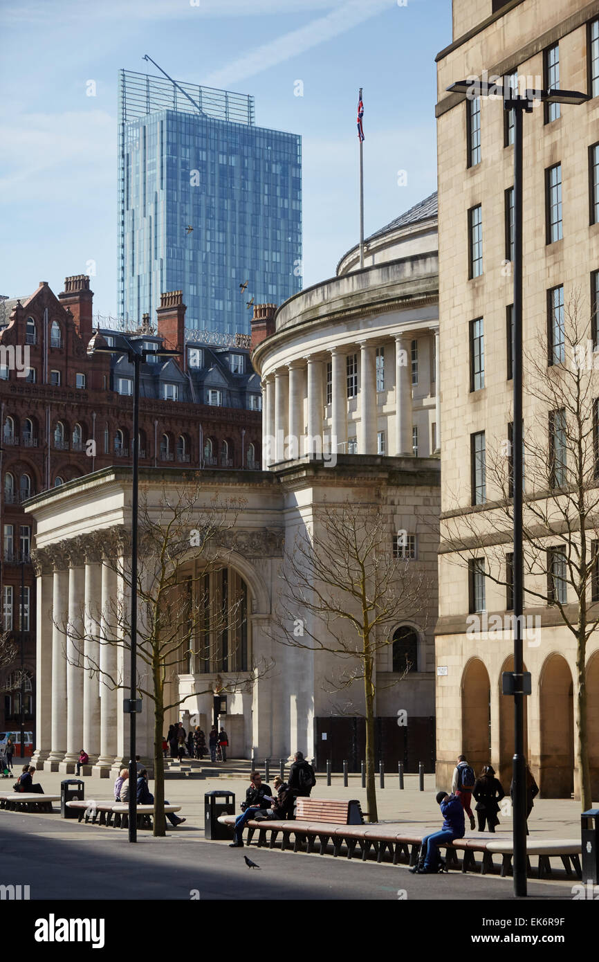 Manchester Central Library exterior  framed by Beetham Tower and the Town Hall. Stock Photo