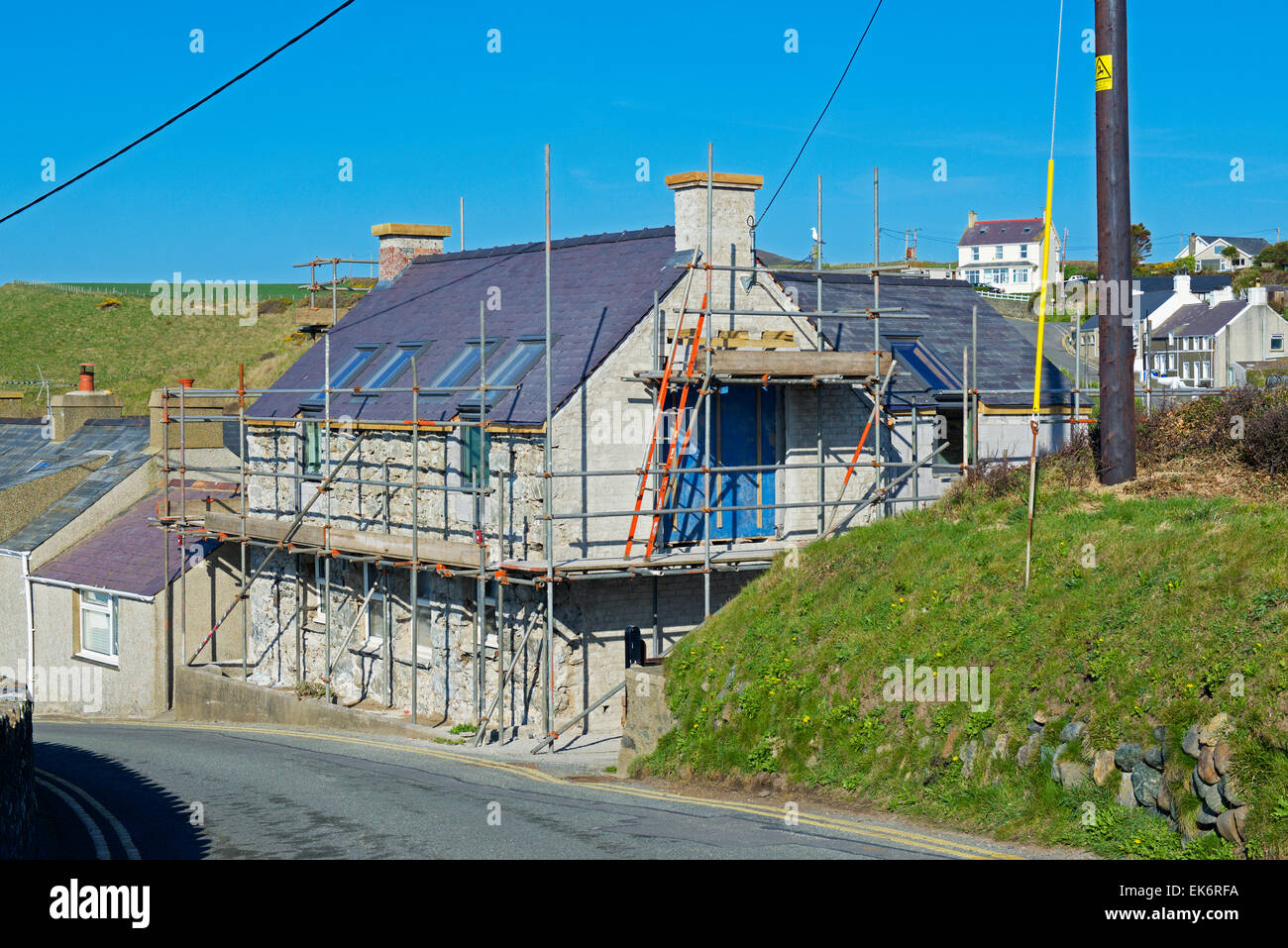 House covered in scaffolding, Aberdaron, Llyn Peninsular, Gwynedd