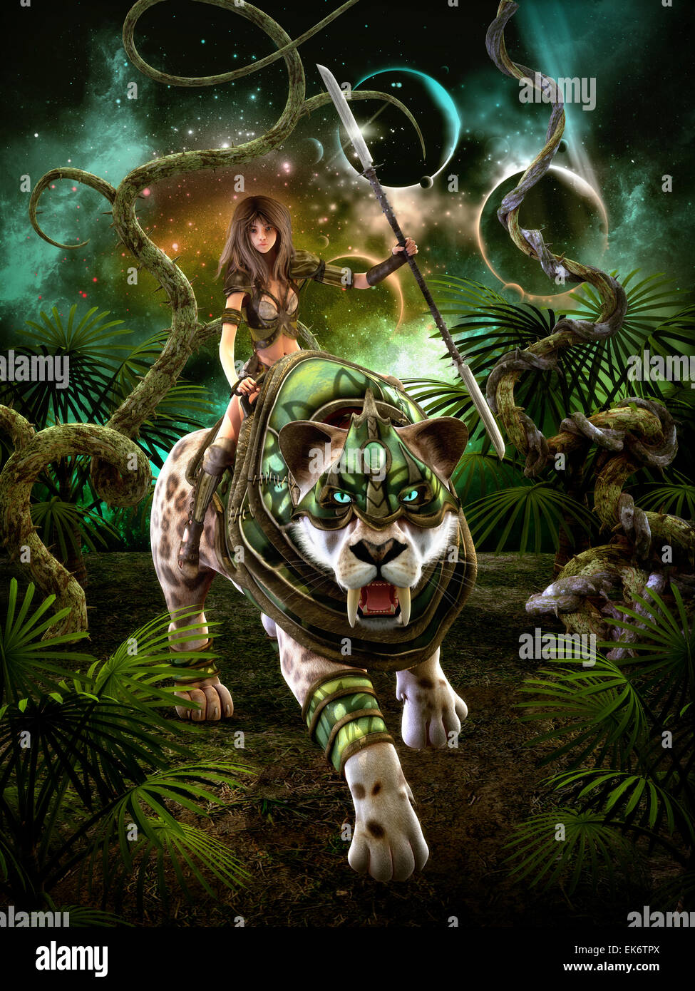 3d computer graphics of a fantasy scene with girl and saber-tooth tiger Stock Photo