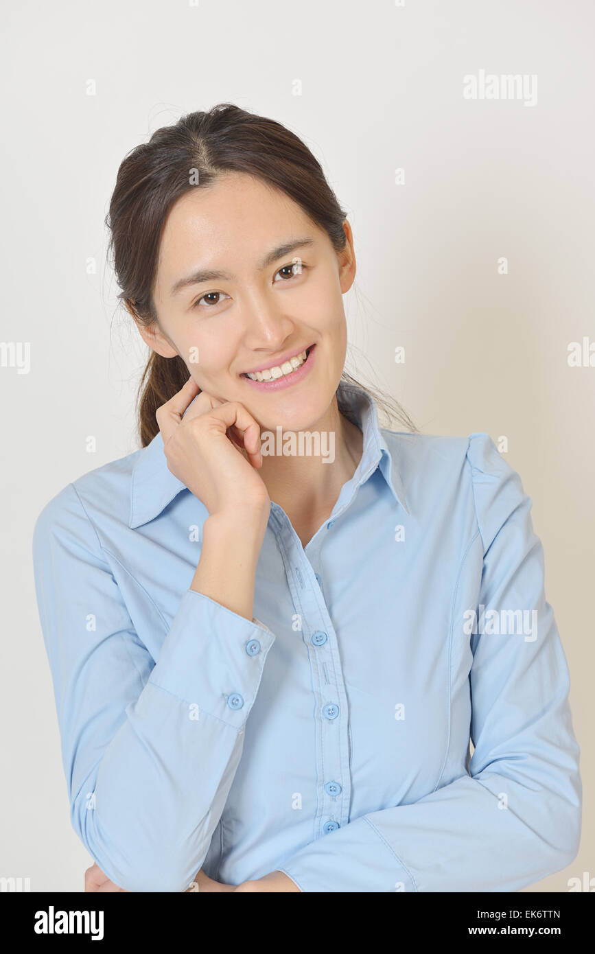 Thinking  woman  head  isolated on white background Stock Photo