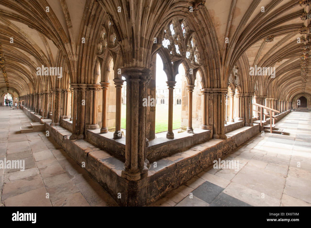 The north eastern corner of the covered walkway of the cloister at Norwich Cathedral in the county of Norfolk in England, UK. Stock Photo