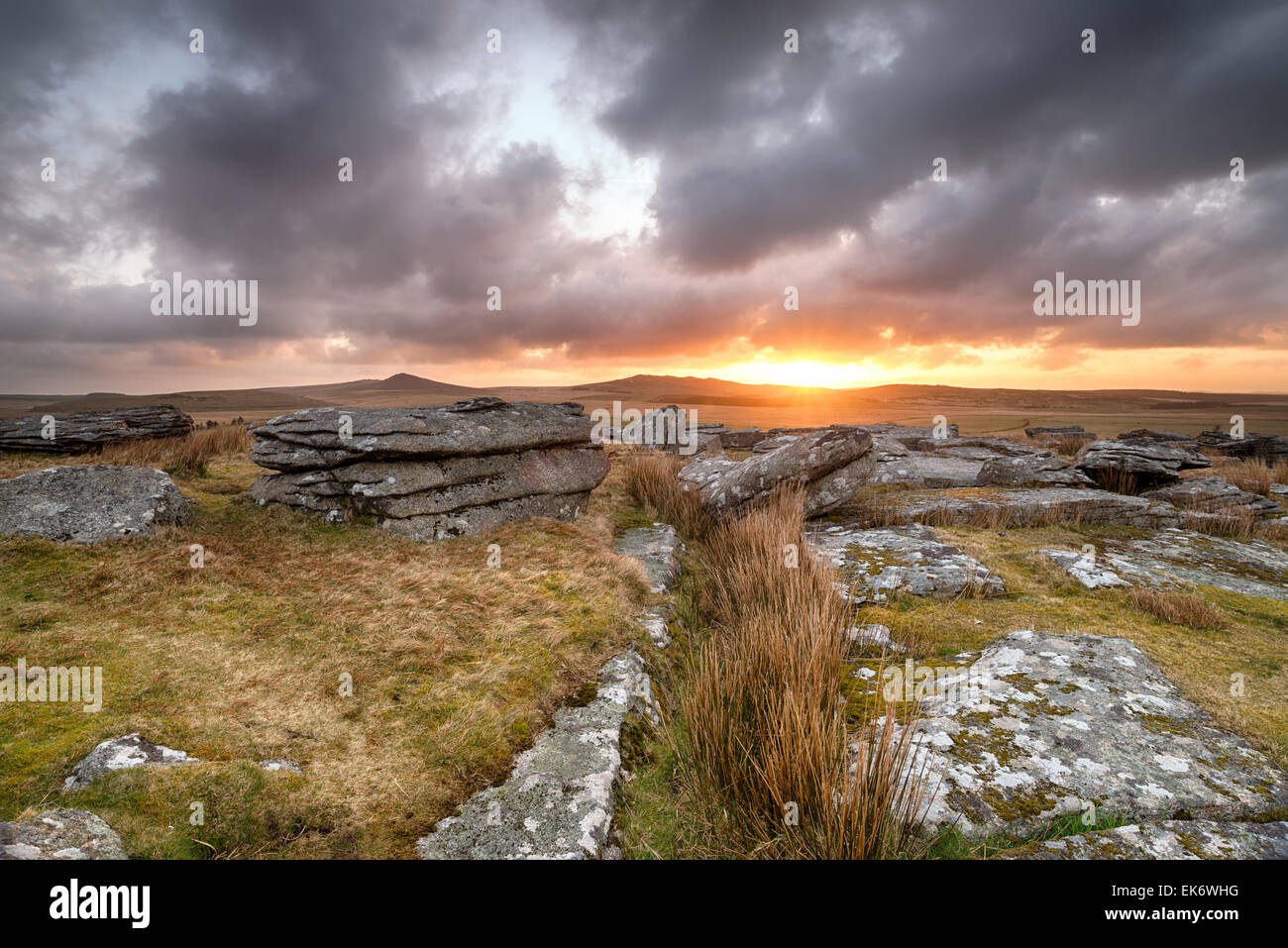 Dramatic sunrise over Bodmin Moor with Roughtor and Brown Willy in the background Stock Photo