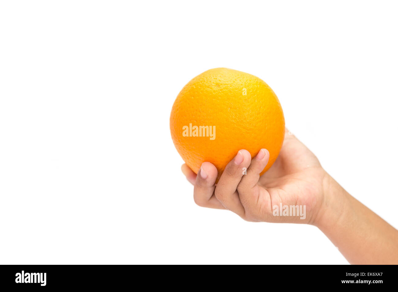 Hand holding orange isolated on white background Stock Photo - Alamy