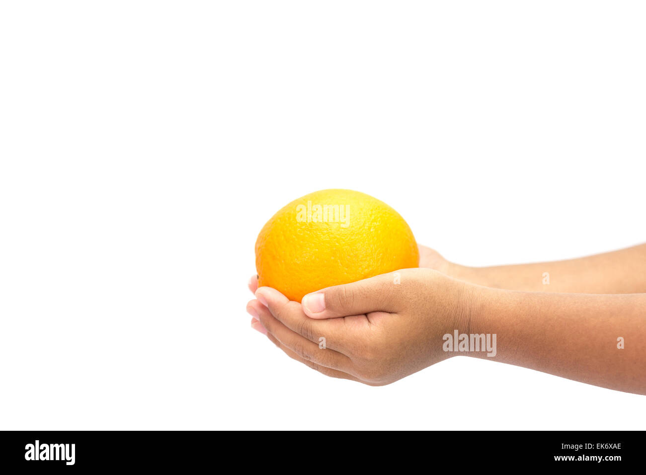 Hand holding orange isolated on white background Stock Photo - Alamy