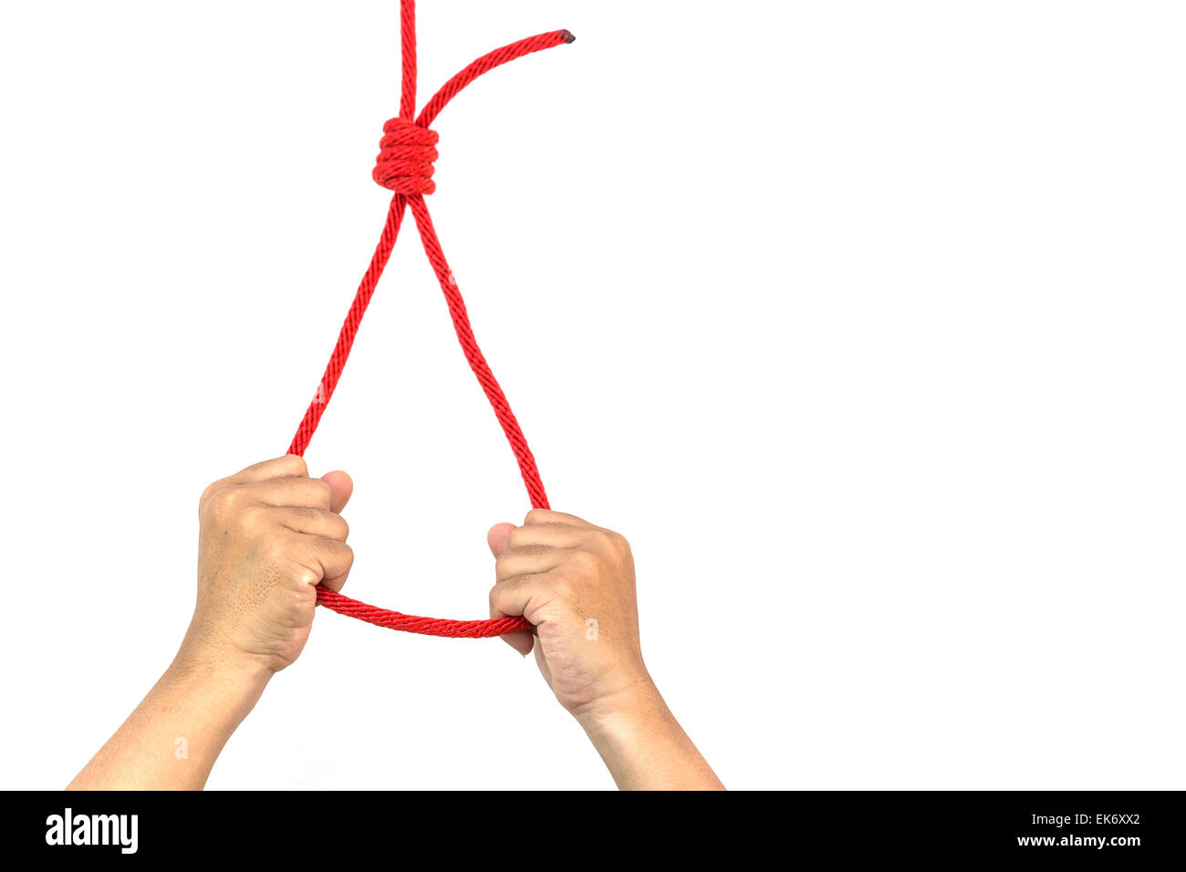Hands holding rope slipknot in concept suicide isolated on white