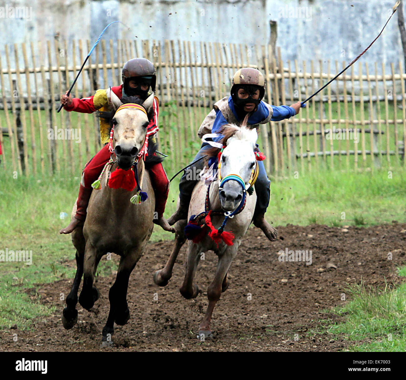 West Nusa Tenggara, Indonesia. 7th Apr, 2015. Children take part in a horse race at Mount Tambora Festival in Dompu, West Nusa Tenggara, Indonesia, April 7, 2015. Children horse race is a part of the Mount Tambora Festival marking the 200th year of its eruption, which is held from April 5 to April 11. The 1815 explosion of Mount Tambora buried the inhabitants of Sumbawa Island under searing ash, gas and rock, killing an estimated 88,000 people. Credit:  Dwi Aqilasya/Xinhua/Alamy Live News Stock Photo