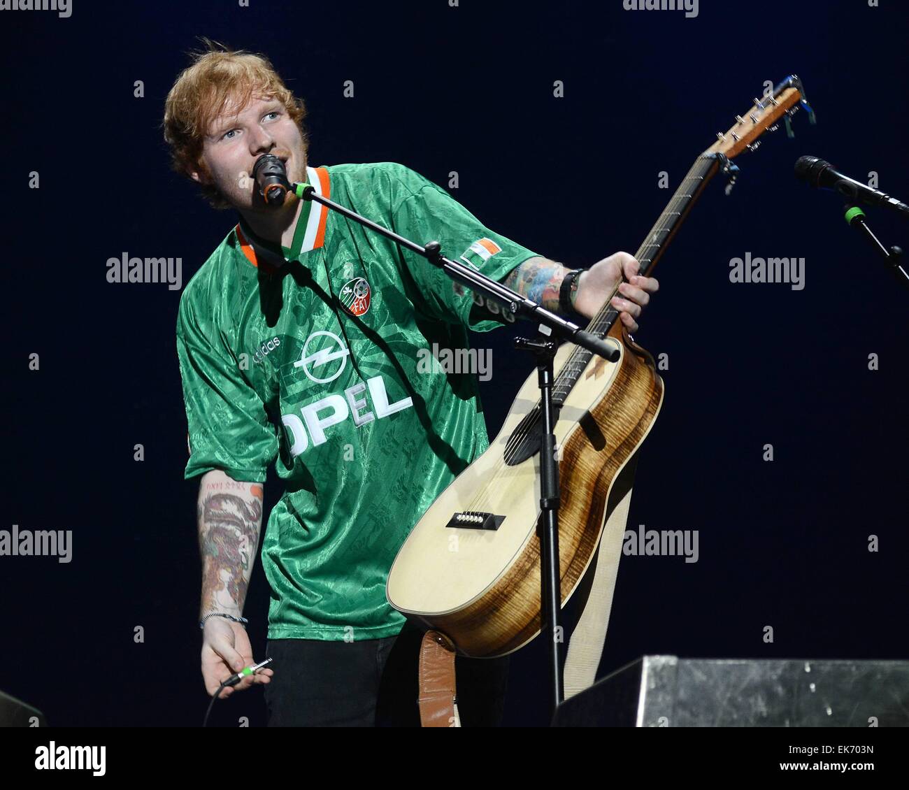 Ed Sheeran performs at 3Arena in Dublin wearing an Irish football