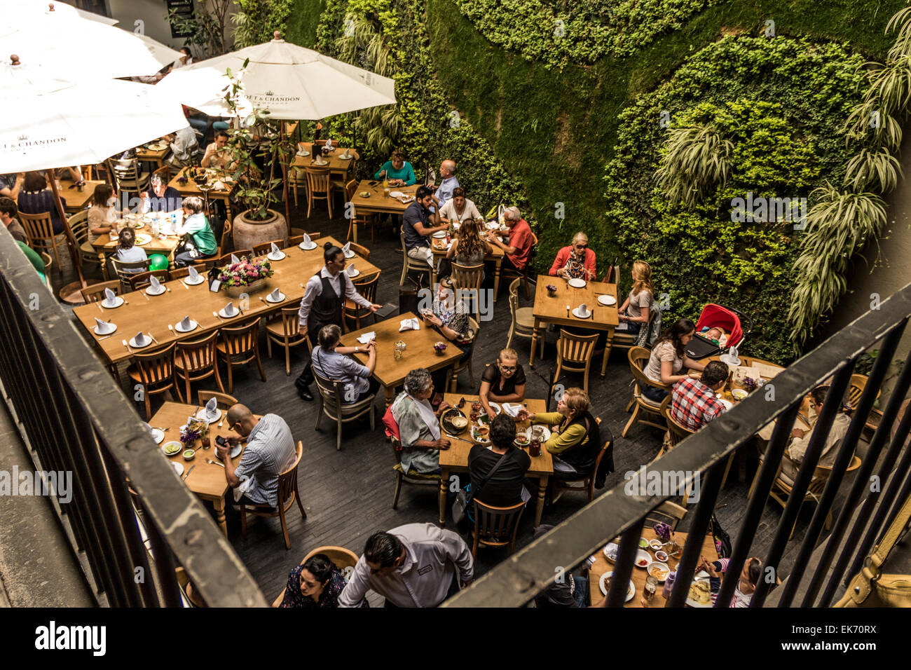 A restaurant set up in a patio by a big green vertical  garden wall Stock Photo