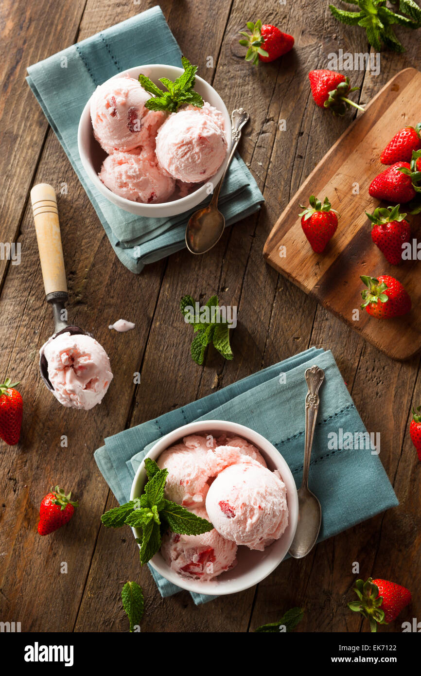 Cold Strawberry Ice Cream in a Bowl with Mint Stock Photo