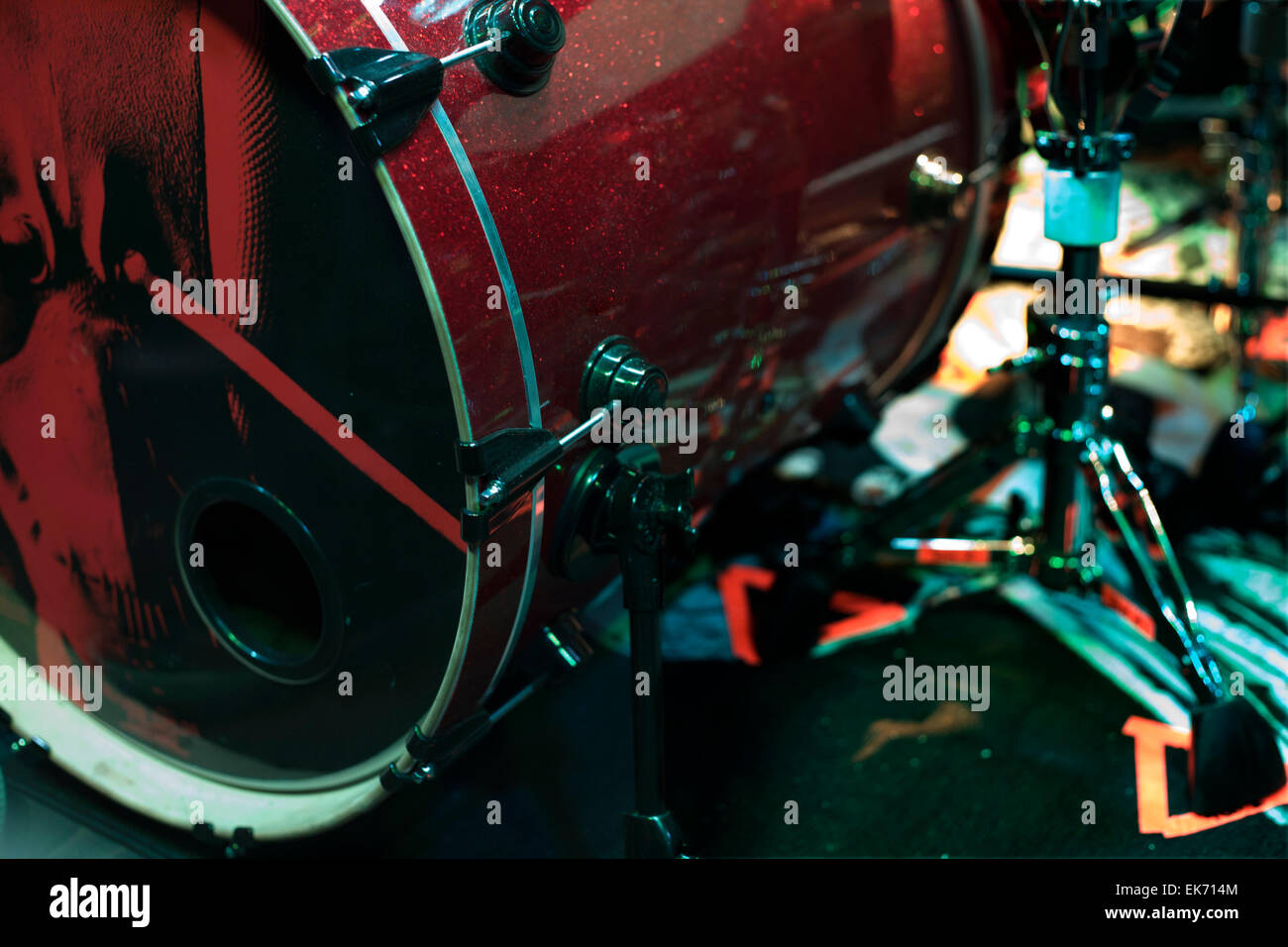 Dark image of a stage ready for a music band live performance. Drum set detail Stock Photo