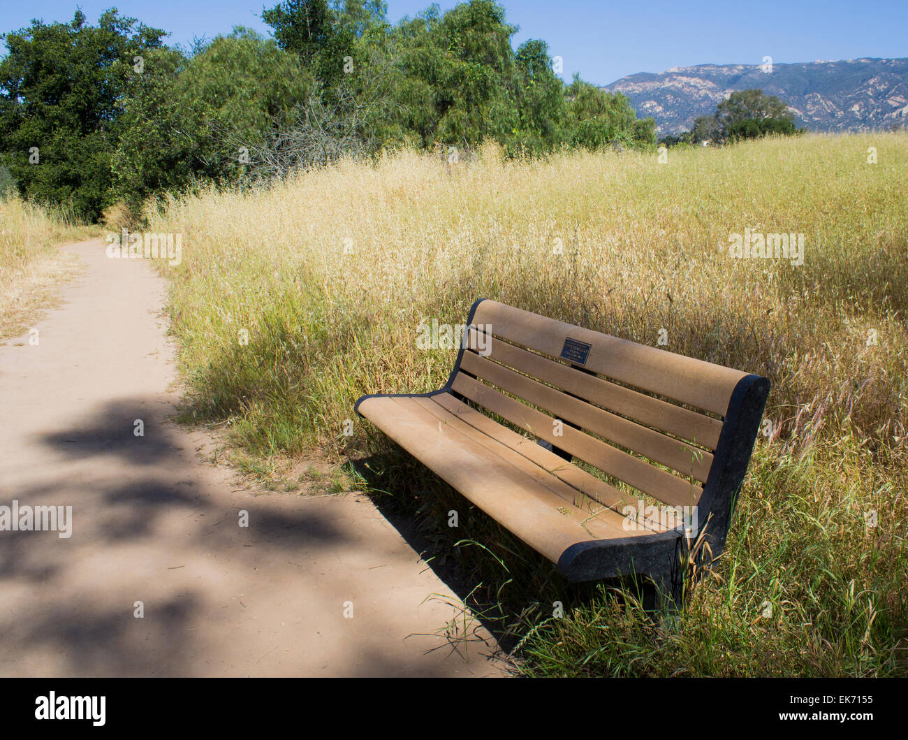 Park Bench by a walkway with grass, trees and mountains Stock Photo