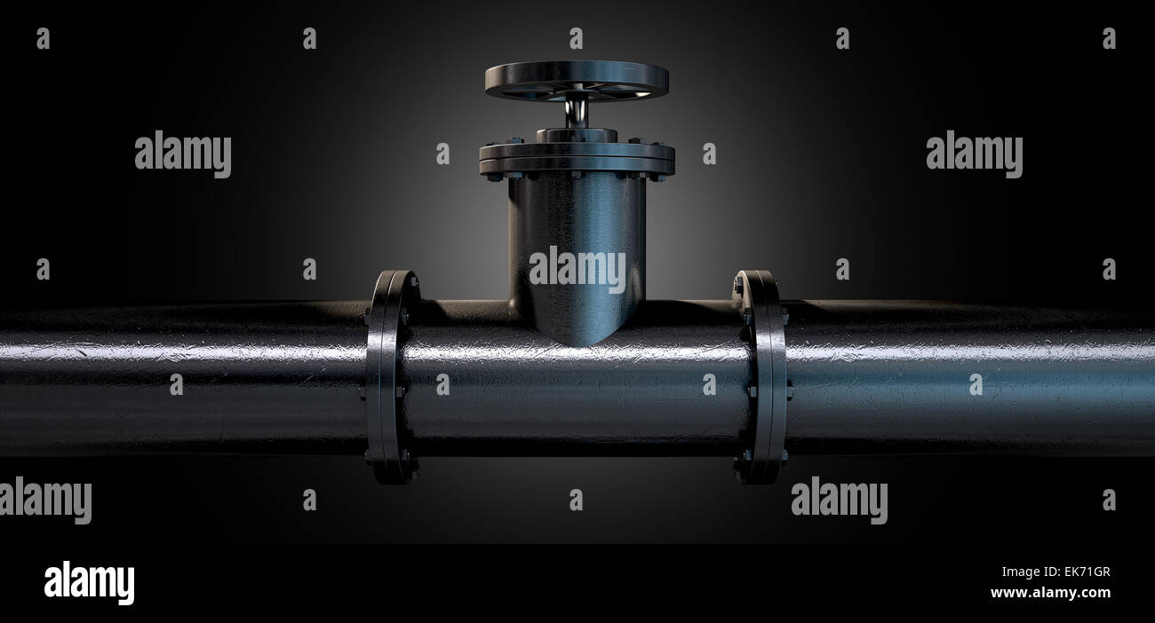 A metal shutoff valve attached to a metal pipe with bolts on an ...