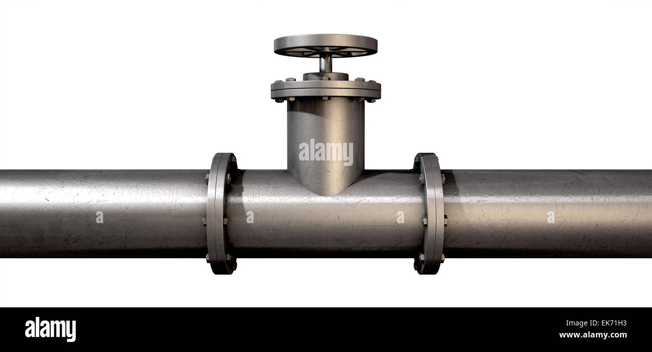 A metal shutoff valve attached to a metal pipe with bolts on an ...