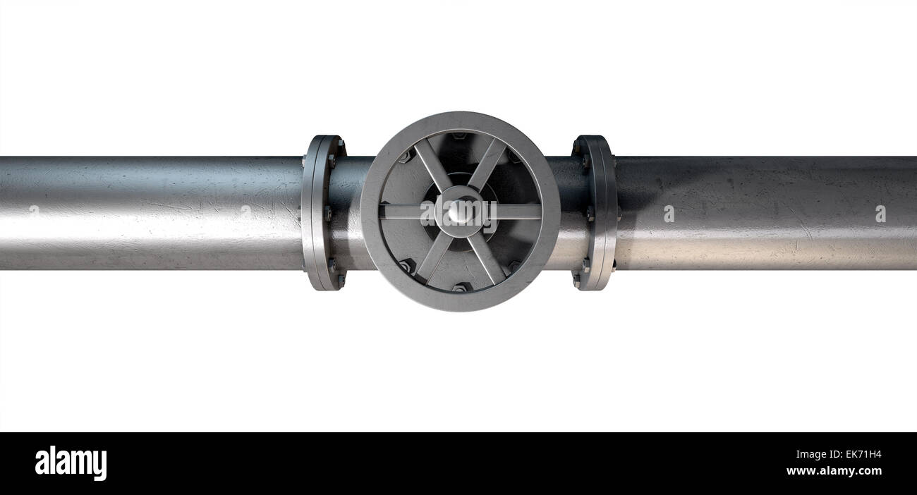 A metal shutoff valve attached to a metal pipe with bolts on an ...