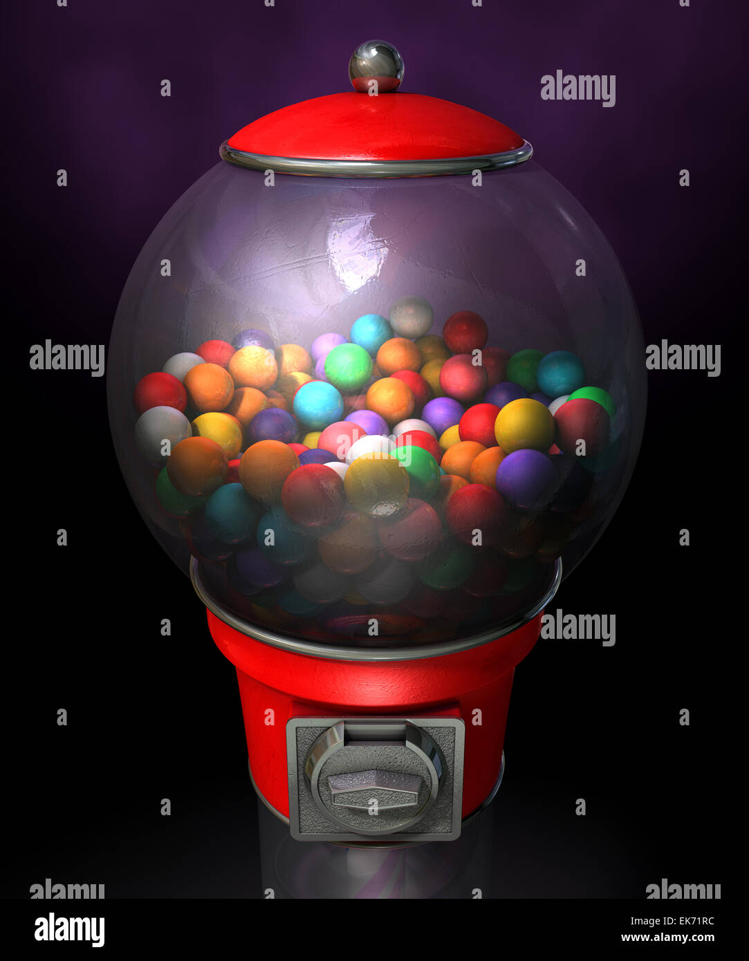 A regular red vintage gumball dispenser machine made of glass and reflective plastic with chrome trim filled with multicolored g Stock Photo