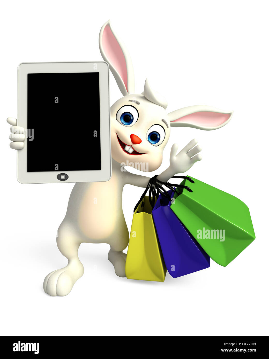 3D illustration of Easter bunny with tab and shopping bag Stock Photo