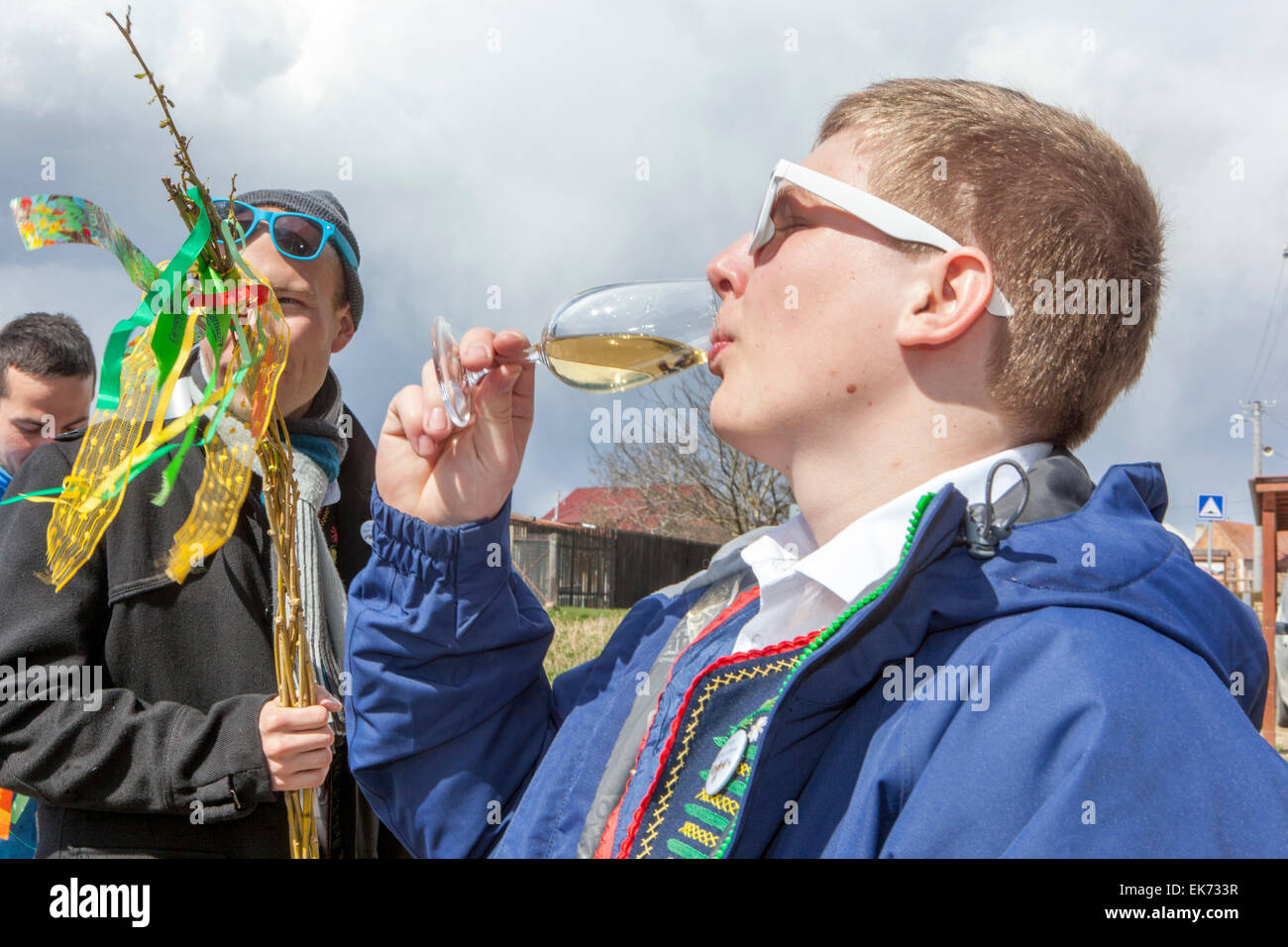 Easter Monday - young boys passes through the village with a whip, whipping girls, Sakvice,drinks wine, Moravia, Czech Republic Stock Photo