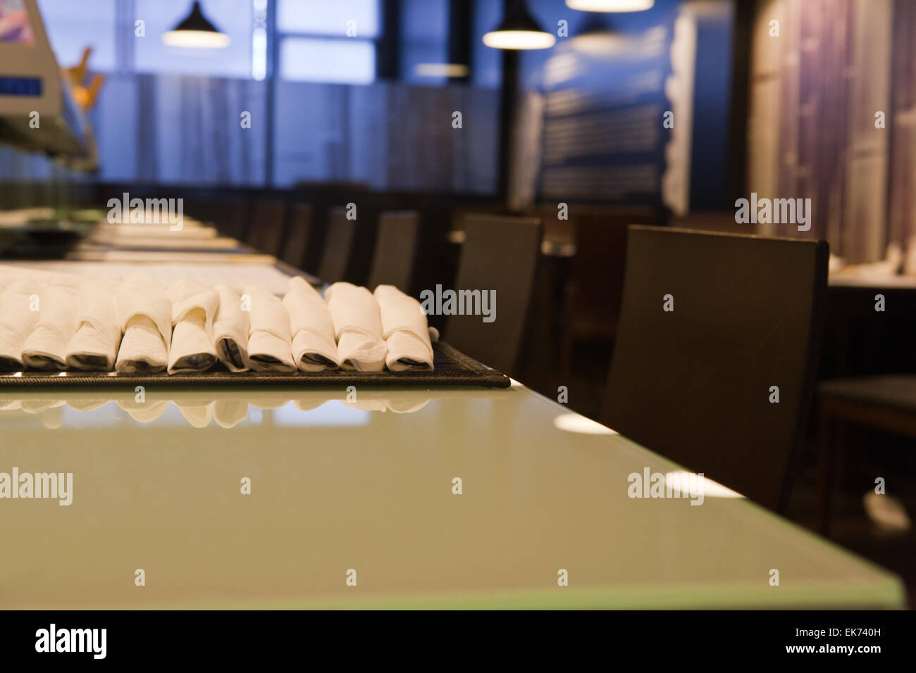 Interior of a empty modern japanese restaurant. Forniture, tableware and decoration Stock Photo