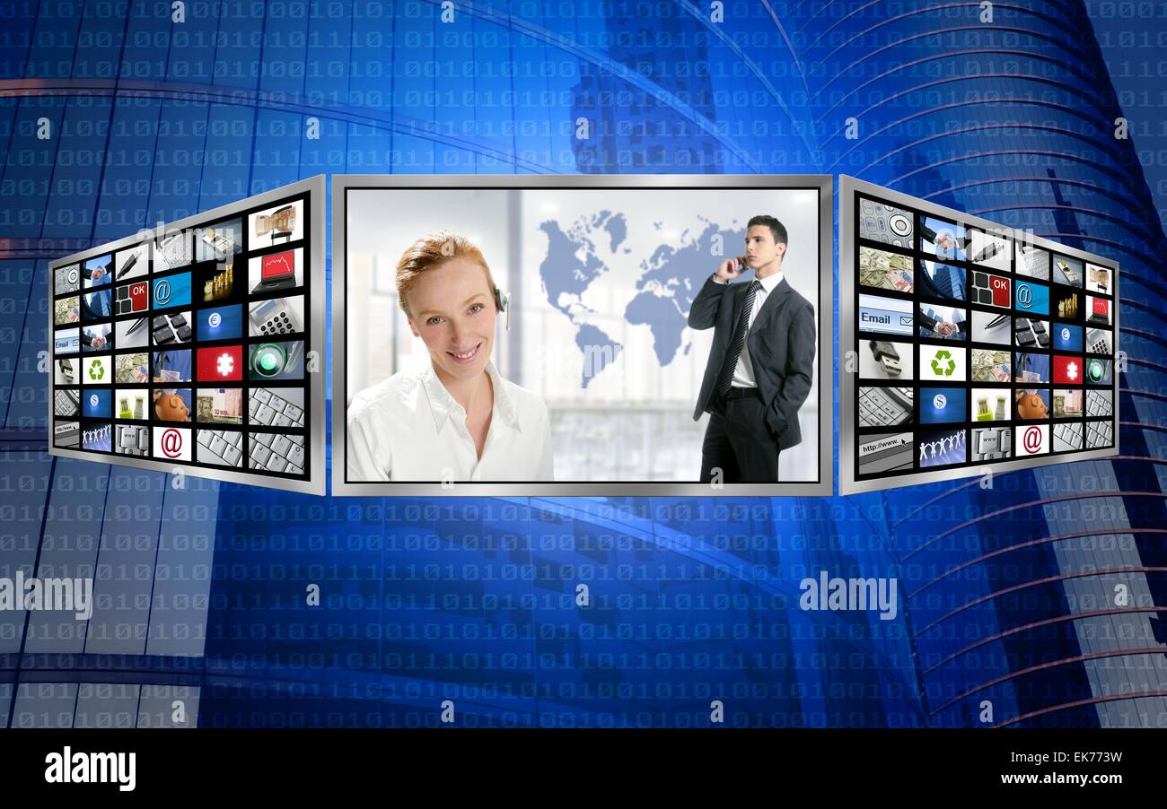 Three screen monitor, business world tech Stock Photo - Alamy