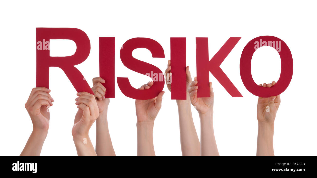 Many Caucasian People And Hands Holding Red Straight Letters Or Characters Building The Isolated German Word Risiko Means Risk O Stock Photo
