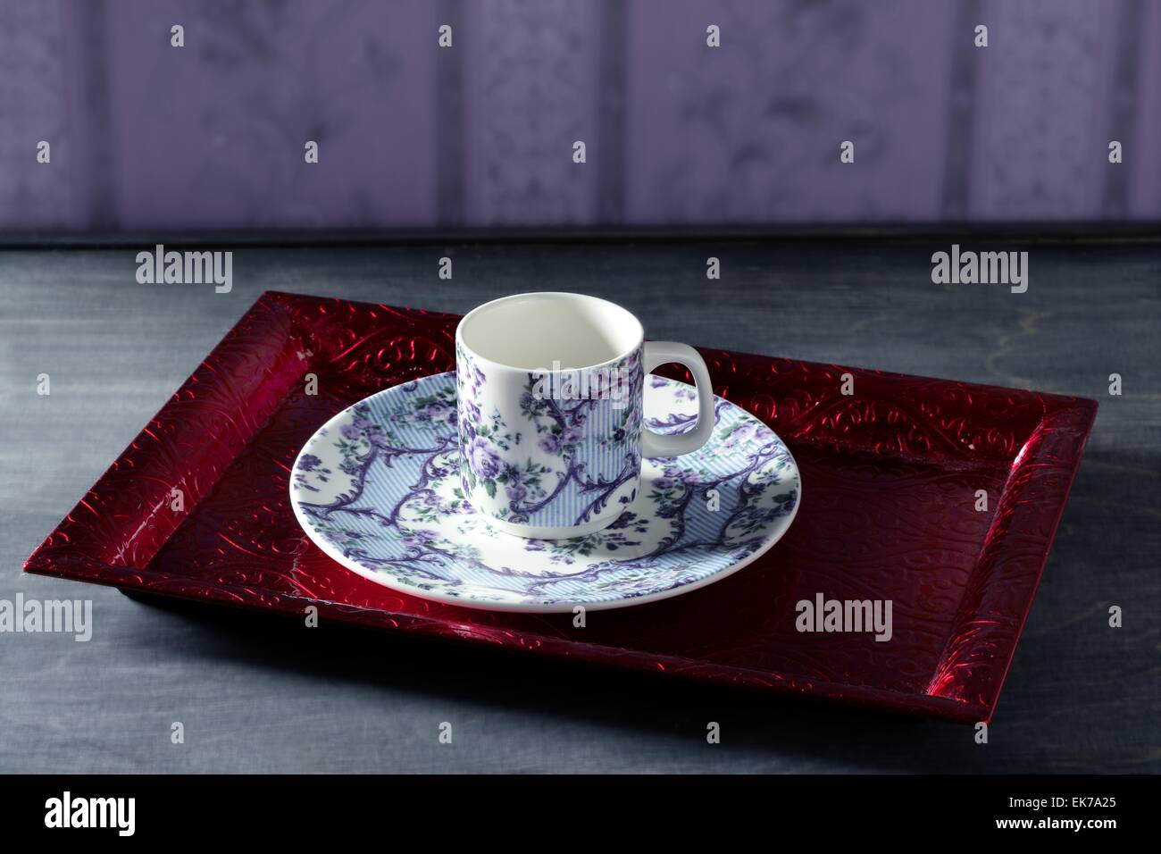 Tea cup victorian, red tray,wallpaper background Stock Photo - Alamy